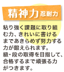 精神力忍耐力 粘り強く課題に取り組む力、きれいに書けるまであきらめず努力する力が鍛えられます。級・段の取得を目指して、合格するまで頑張る力がつきます。