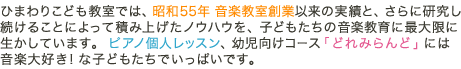 ひまわりこども教室では、昭和55年音楽教室創業以来の実績と、さらに研究し続けることによって積み上げたノウハウを、子どもたちの音楽教育に最大限に生かしています。ピアノ個人レッスン、幼児向けコース「どれみらんど」には音楽大好き！な子どもたちでいっぱいです。