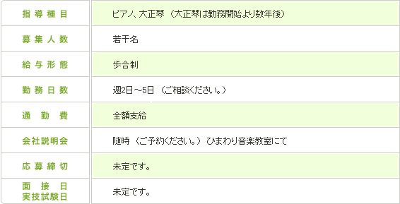 指導種目 ピアノ、大正琴　（大正琴は勤務開始より数年後）/募集人数 若干名/ 給与形態 歩合制/勤務日数 週2日～5日（ご相談ください。）/通勤費 全額支給/会社説明会　随時（ご予約ください。）ひまわり音楽教室にて　/応募締切　未定です。　/面接日実技試験日 未定です。